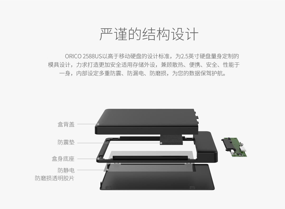 Orico 2.5寸笔记本硬盘盒，内部设定多重防震、防漏电、防磨损，为您的数据保驾护航。